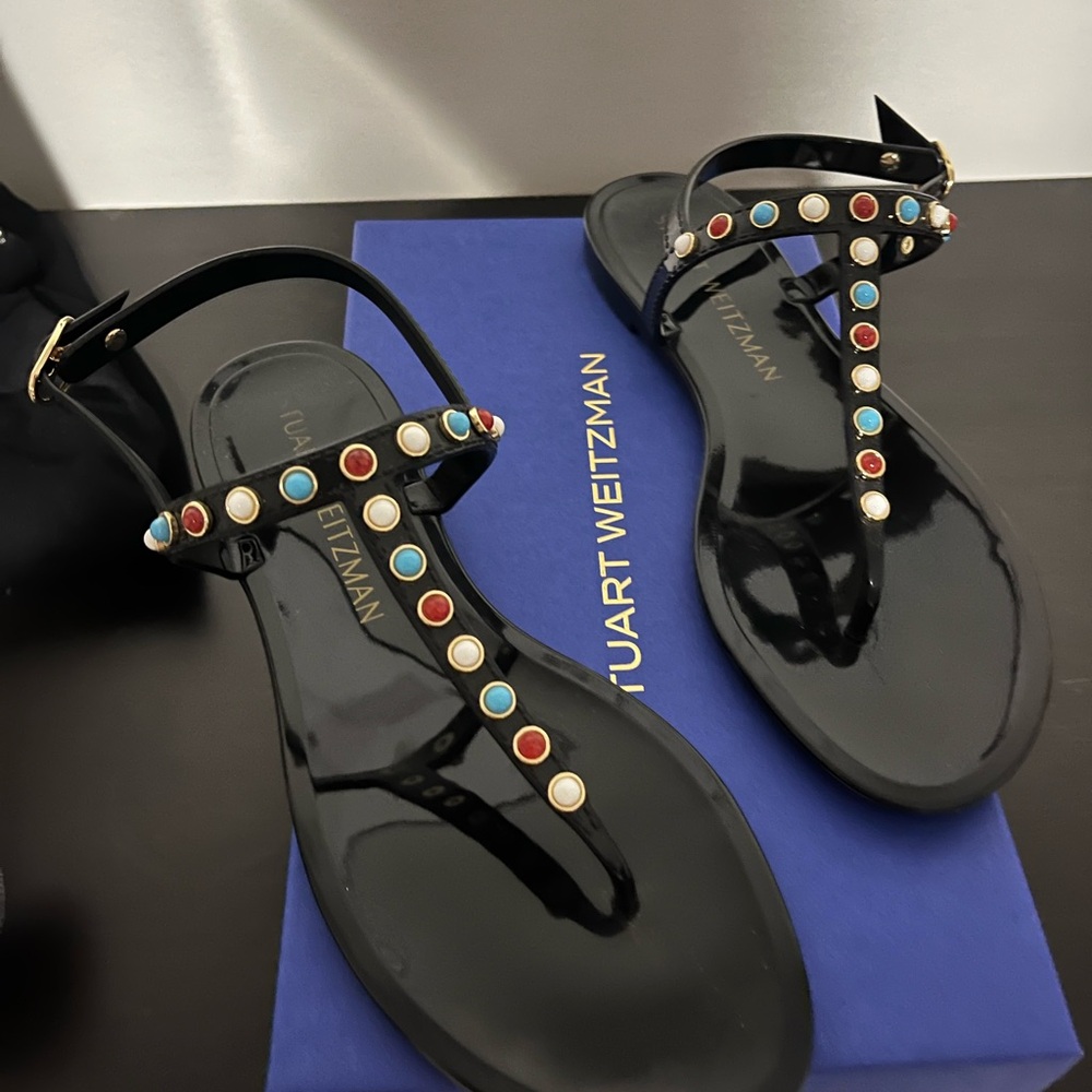 Stuart Weitzman Black Sandals Size 9 Red White An… - image 3